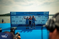 Cornelis De Koning, PR2 Men's Single Sculls, Netherlands, Gold, Gian Filippo Mirabile, Italy, Silver, Daniele Stefanoni, Italy, Bronze, 2023 World Rowing Cup II, Varese, Italy / World Rowing/Benedict Tufnell