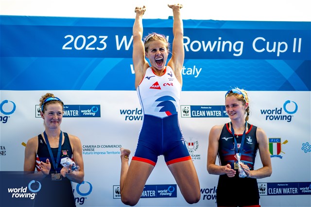 Aurelie Morizot, Lightweight Women's Single Sculls, France, Gold, Sophia Luwis, United States of America, Silver, Olivia Bates, Great Britain, Bronze, 2023 World Rowing Cup II, Varese, Italy / World Rowing/Benedict Tufnell