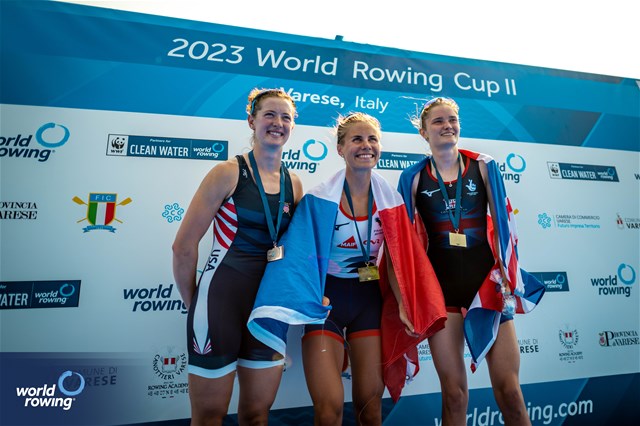 Aurelie Morizot, Lightweight Women's Single Sculls, France, Gold, Sophia Luwis, United States of America, Silver, Olivia Bates, Great Britain, Bronze, 2023 World Rowing Cup II, Varese, Italy / World Rowing/Benedict Tufnell