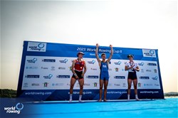 Niels Torre, Lightweight Men's Single Sculls, Italy, Gold, Andri Struzina, Switzerland, Silver, Baptiste Savaete, France, Bronze, 2023 World Rowing Cup II, Varese, Italy / World Rowing/Benedict Tufnell