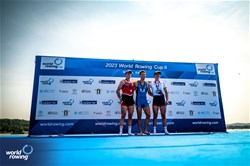 Niels Torre, Lightweight Men's Single Sculls, Italy, Gold, Andri Struzina, Switzerland, Silver, Baptiste Savaete, France, Bronze, 2023 World Rowing Cup II, Varese, Italy / World Rowing/Benedict Tufnell