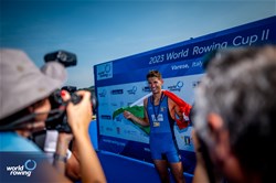 Niels Torre, Lightweight Men's Single Sculls, Italy, Gold, 2023 World Rowing Cup II, Varese, Italy / World Rowing/Benedict Tufnell