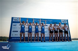 Giovanni Borgonovo (b), Luca Borgonovo, Matteo Tonelli, Nicolo' Demiliani (s), Lightweight Men's Quadruple Sculls, Italy, Gold, Fabio Kress (b), Simon Klueter, Arno Gaus, Joachim Agne (s), Germany, Silver, 2023 World Rowing Cup II, Varese, Italy / World Rowing/Benedict Tufnell