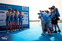 Giovanni Borgonovo (b), Luca Borgonovo, Matteo Tonelli, Nicolo' Demiliani (s), Lightweight Men's Quadruple Sculls, Italy, Gold, 2023 World Rowing Cup II, Varese, Italy / World Rowing/Benedict Tufnell