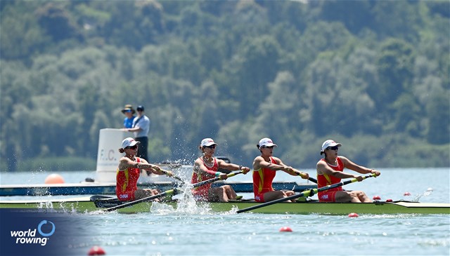 Shuxian Zhang (b), Xiaoxin Liu, Zifeng Wang, Xingye Xu (s), Women's Four, People's Republic of China, 2023 World Rowing Cup II, Varese, Italy / Maren Derlien/MyRowingPhoto.com