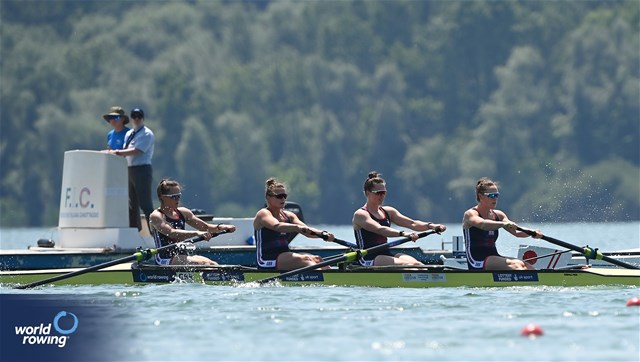 Lauren Irwin (b), Karen Bennett, Harriet Taylor, Emily Ford (s), Women's Four, Great Britain, 2023 World Rowing Cup II, Varese, Italy / Maren Derlien/MyRowingPhoto.com
