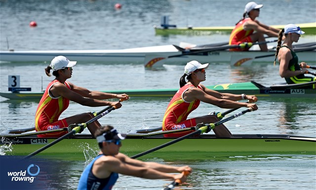 Shiyu Lu (b), Shuangmei Shen (s), Women's Double Sculls, People's Republic of China, 2023 World Rowing Cup II, Varese, Italy / Maren Derlien/MyRowingPhoto.com