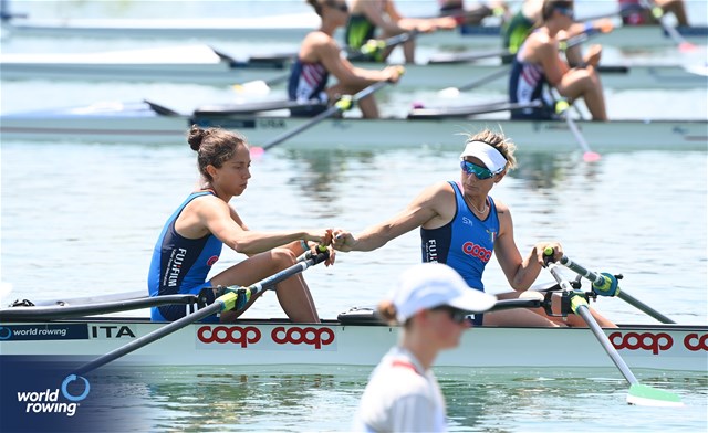 Silvia Crosio (b), Federica Cesarini (s), Lightweight Women's Double Sculls, Italy, 2023 World Rowing Cup II, Varese, Italy / Maren Derlien/MyRowingPhoto.com