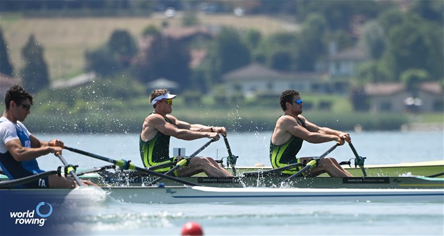 Harley Moore (b), Jack Cleary (s), Men's Double Sculls, Australia, 2023 World Rowing Cup II, Varese, Italy / Maren Derlien/MyRowingPhoto.com