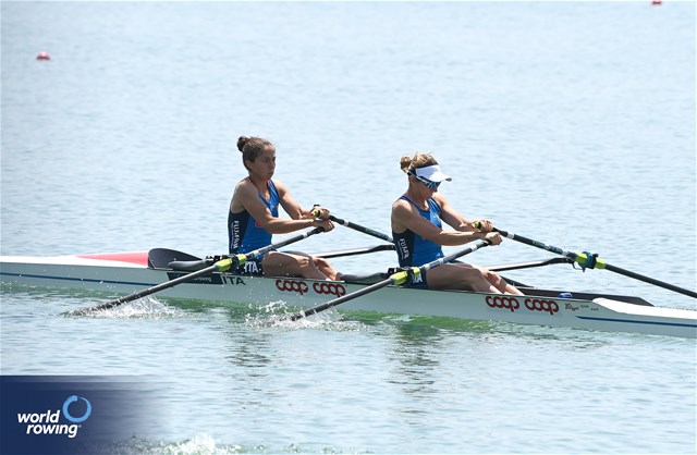 Silvia Crosio (b), Federica Cesarini (s), Lightweight Women's Double Sculls, Italy, 2023 World Rowing Cup II, Varese, Italy / Maren Derlien/MyRowingPhoto.com