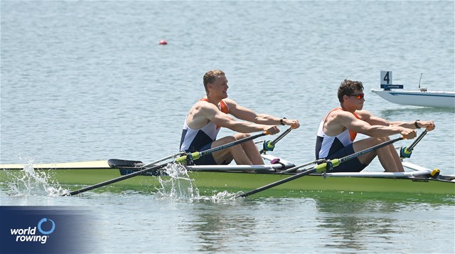 Stijn Wieling (b), Jorn Salverda (s), Men's Double Sculls, Netherlands, 2023 World Rowing Cup II, Varese, Italy / Maren Derlien/MyRowingPhoto.com