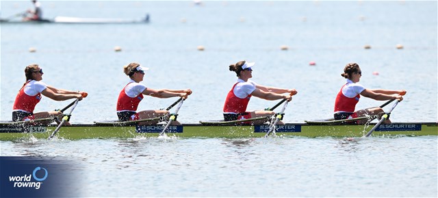 Salome Ulrich (b), Fabienne Schweizer, Pascale Walker, Lisa Loetscher (s), Women's Quadruple Sculls, Switzerland, 2023 World Rowing Cup II, Varese, Italy / Detlev Seyb/MyRowingPhoto.com