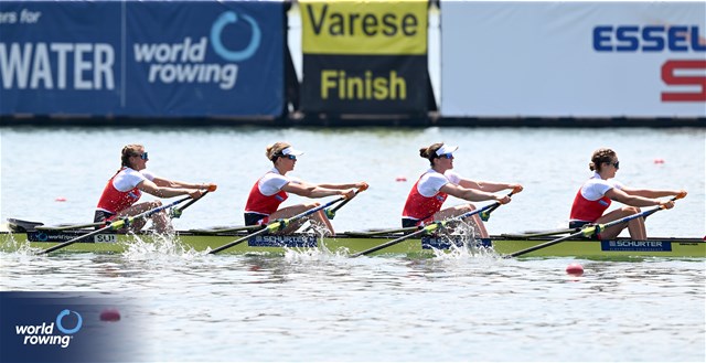 Salome Ulrich (b), Fabienne Schweizer, Pascale Walker, Lisa Loetscher (s), Women's Quadruple Sculls, Switzerland, 2023 World Rowing Cup II, Varese, Italy / Detlev Seyb/MyRowingPhoto.com