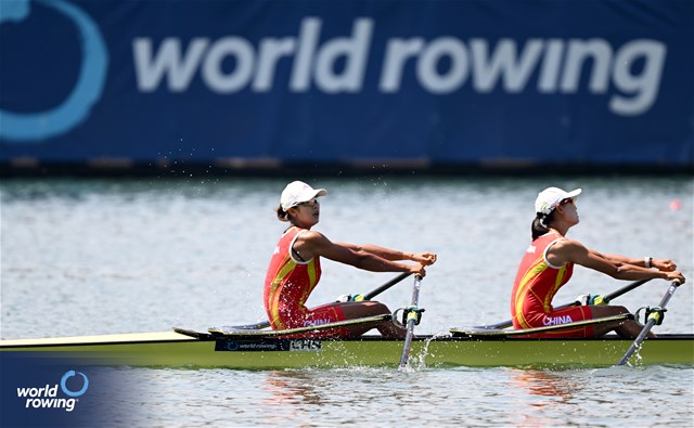 Shiyu Lu (b), Shuangmei Shen (s), Women's Double Sculls, People's Republic of China, 2023 World Rowing Cup II, Varese, Italy / Detlev Seyb/MyRowingPhoto.com