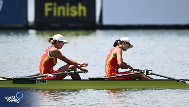 Shiyu Lu (b), Shuangmei Shen (s), Women's Double Sculls, People's Republic of China, 2023 World Rowing Cup II, Varese, Italy / Detlev Seyb/MyRowingPhoto.com