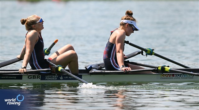 Saskia Budgett (b), Lucy Glover (s), Women's Double Sculls, Great Britain, 2023 World Rowing Cup II, Varese, Italy / Detlev Seyb/MyRowingPhoto.com