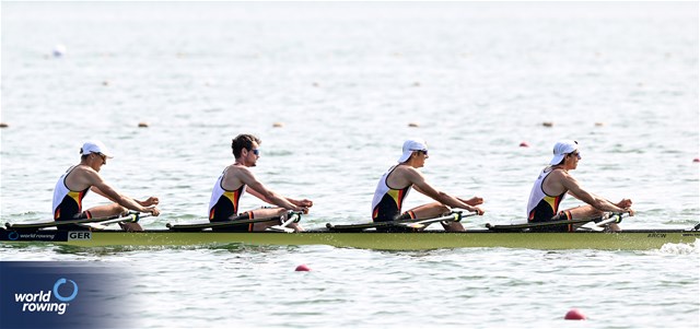 Fabio Kress (b), Simon Klueter, Arno Gaus, Joachim Agne (s), Lightweight Men's Quadruple Sculls, Germany, 2023 World Rowing Cup II, Varese, Italy / Detlev Seyb/MyRowingPhoto.com