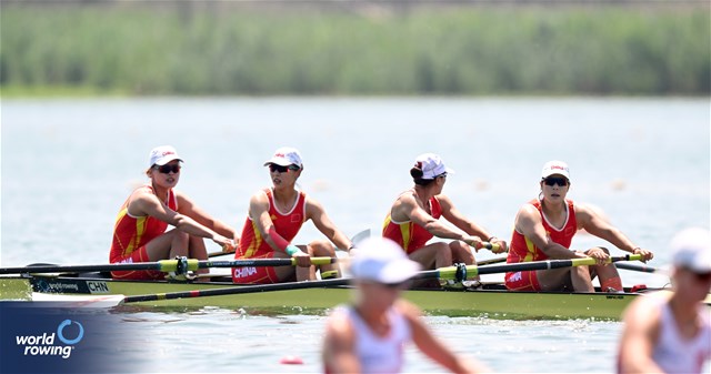 Shuxian Zhang (b), Xiaoxin Liu, Zifeng Wang, Xingye Xu (s), Women's Four, People's Republic of China, 2023 World Rowing Cup II, Varese, Italy / Detlev Seyb/MyRowingPhoto.com