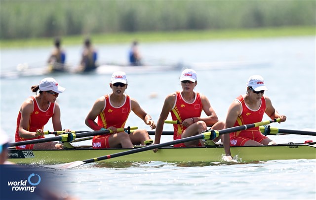 Shuxian Zhang (b), Xiaoxin Liu, Zifeng Wang, Xingye Xu (s), Women's Four, People's Republic of China, 2023 World Rowing Cup II, Varese, Italy / Detlev Seyb/MyRowingPhoto.com
