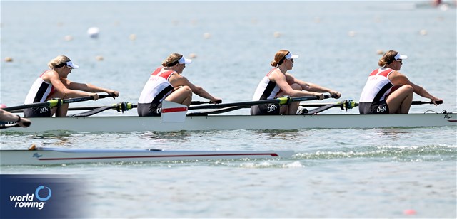 Julie Poulsen (b), Marie Skytte Hauberg Johannesen, Frida Sanggaard Nielsen, Astrid Steensberg (s), Women's Four, Denmark, 2023 World Rowing Cup II, Varese, Italy / Detlev Seyb/MyRowingPhoto.com