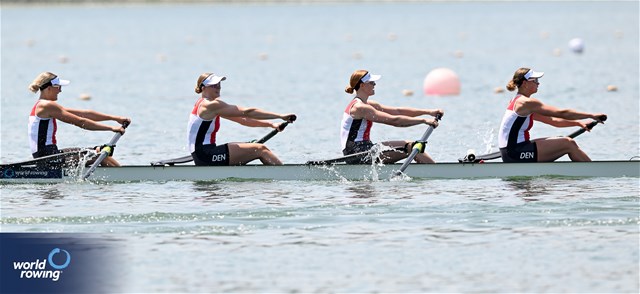 Julie Poulsen (b), Marie Skytte Hauberg Johannesen, Frida Sanggaard Nielsen, Astrid Steensberg (s), Women's Four, Denmark, 2023 World Rowing Cup II, Varese, Italy / Detlev Seyb/MyRowingPhoto.com