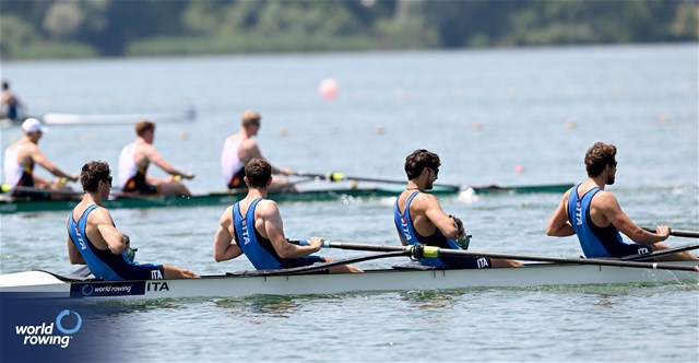 Alessandro Timpanaro (b), Edoardo Caramaschi, Davide Verita', Alessandro Bonamoneta (s), Men's Four, Italy, 2023 World Rowing Cup II, Varese, Italy / Detlev Seyb/MyRowingPhoto.com