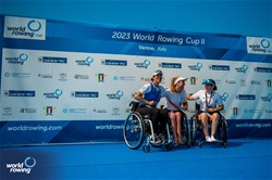 Birgit Skarstein, PR1 Womens Single Sculls, Norway, Gold, Moran Samuel, Israel, Silver, Nathalie Benoit, France, Bronze, 2023 World Rowing Cup II, Varese, Italy / World Rowing/Benedict Tufnell