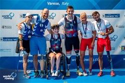 Lauren Rowles (b), Gregg Stevenson (s), PR2 Mixed Double Sculls, Great Britain, Gold, Svitlana Bohuslavska (b), Iaroslav Koiuda (s), Ukraine, Silver, Jolanta Majka (b), Michal Gadowski (s), Poland, Bronze, 2023 World Rowing Cup II, Varese, Italy / World Rowing/Benedict Tufnell