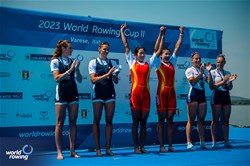 Shiyu Lu (b), Shuangmei Shen (s), Women's Double Sculls, People's Republic of China, Gold, Kristina Wagner (b), Sophia Vitas (s), United States of America, Silver, Margaux Bailleul (b), Emma Lunatti (s), France, Bronze, 2023 World Rowing Cup II, Varese, Italy / World Rowing/Benedict Tufnell