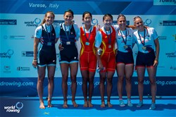Shiyu Lu (b), Shuangmei Shen (s), Women's Double Sculls, People's Republic of China, Gold, Kristina Wagner (b), Sophia Vitas (s), United States of America, Silver, Margaux Bailleul (b), Emma Lunatti (s), France, Bronze, 2023 World Rowing Cup II, Varese, Italy / World Rowing/Benedict Tufnell
