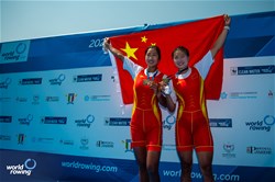 Shiyu Lu (b), Shuangmei Shen (s), Women's Double Sculls, People's Republic of China, Gold, 2023 World Rowing Cup II, Varese, Italy / World Rowing/Benedict Tufnell