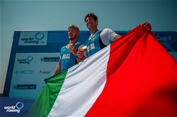 Luca Rambaldi (b), Matteo Sartori (s), Men's Double Sculls, Italy, Gold, 2023 World Rowing Cup II, Varese, Italy / World Rowing/Benedict Tufnell