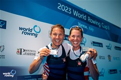 Molly Reckford (b), Michelle Sechser (s), Lightweight Women's Double Sculls, United States of America, Silver, 2023 World Rowing Cup II, Varese, Italy / World Rowing/Benedict Tufnell