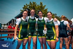 Giorgia Patten (b), Katrina Werry, Sarah Hawe, Lucy Stephan (s), Women's Four, Australia, Bronze, 2023 World Rowing Cup II, Varese, Italy / World Rowing/Benedict Tufnell