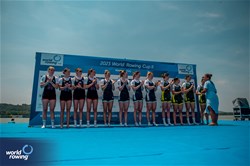 Molly Bruggeman (b), Kelsey Reelick, Madeleine Wanamaker, Claire Collins (s), Women's Four, United States of America, Gold, Heidi Long (b), Helen Glover, Samantha Redgrave, Rebecca Shorten (s), Great Britain, Silver, Giorgia Patten (b), Katrina Werry, Sarah Hawe, Lucy Stephan (s), Australia, Bronze, 2023 World Rowing Cup II, Varese, Italy / World Rowing/Benedict Tufnell