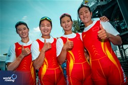 Yunxia Chen (b), Ling Zhang, Yang Lyu, Xiaotong Cui (s), Women's Quadruple Sculls, People's Republic of China, Gold, 2023 World Rowing Cup II, Varese, Italy / World Rowing/Benedict Tufnell
