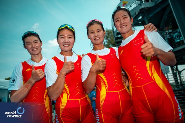 Yunxia Chen (b), Ling Zhang, Yang Lyu, Xiaotong Cui (s), Women's Quadruple Sculls, People's Republic of China, Gold, 2023 World Rowing Cup II, Varese, Italy / World Rowing/Benedict Tufnell