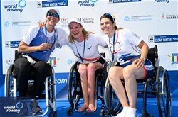 Birgit Skarstein, PR1 Womens Single Sculls, Norway, Gold, Moran Samuel, Israel, Silver, Nathalie Benoit, France, Bronze, 2023 World Rowing Cup II, Varese, Italy / Detlev Seyb/MyRowingPhoto.com