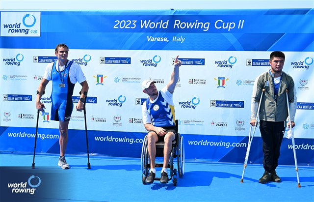 Roman Polianskyi, PR1 Mens Single Sculls, Ukraine, Gold, Giacomo Perini, Italy, Silver, Egamberdiev Kholmurod, Uzbekistan, Bronze, 2023 World Rowing Cup II, Varese, Italy / Detlev Seyb/MyRowingPhoto.com