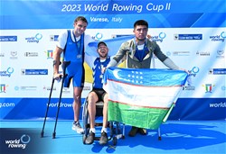 Roman Polianskyi, PR1 Mens Single Sculls, Ukraine, Gold, Giacomo Perini, Italy, Silver, Egamberdiev Kholmurod, Uzbekistan, Bronze, 2023 World Rowing Cup II, Varese, Italy / Detlev Seyb/MyRowingPhoto.com