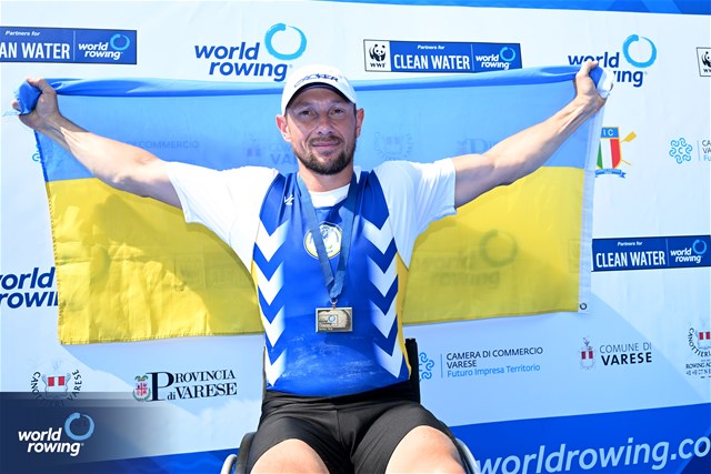 Roman Polianskyi, PR1 Mens Single Sculls, Ukraine, Gold, 2023 World Rowing Cup II, Varese, Italy / Detlev Seyb/MyRowingPhoto.com
