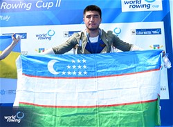 Egamberdiev Kholmurod, PR1 Mens Single Sculls, Uzbekistan, Bronze, 2023 World Rowing Cup II, Varese, Italy / Detlev Seyb/MyRowingPhoto.com