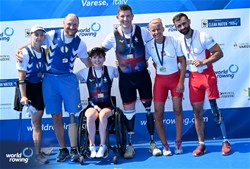 Lauren Rowles (b), Gregg Stevenson (s), PR2 Mixed Double Sculls, Great Britain, Gold, Svitlana Bohuslavska (b), Iaroslav Koiuda (s), Ukraine, Silver, Jolanta Majka (b), Michal Gadowski (s), Poland, Bronze, 2023 World Rowing Cup II, Varese, Italy / Detlev Seyb/MyRowingPhoto.com