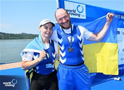 Svitlana Bohuslavska (b), Iaroslav Koiuda (s), PR2 Mixed Double Sculls, Ukraine, Silver, 2023 World Rowing Cup II, Varese, Italy / Detlev Seyb/MyRowingPhoto.com