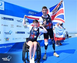 Lauren Rowles (b), Gregg Stevenson (s), PR2 Mixed Double Sculls, Great Britain, Gold, 2023 World Rowing Cup II, Varese, Italy / Detlev Seyb/MyRowingPhoto.com