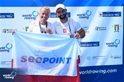 Jolanta Majka (b), Michal Gadowski (s), PR2 Mixed Double Sculls, Poland, Bronze, 2023 World Rowing Cup II, Varese, Italy / Detlev Seyb/MyRowingPhoto.com