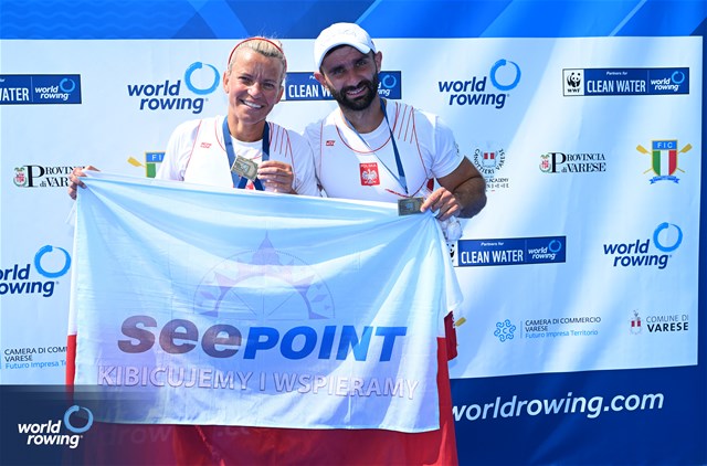 Jolanta Majka (b), Michal Gadowski (s), PR2 Mixed Double Sculls, Poland, Bronze, 2023 World Rowing Cup II, Varese, Italy / Detlev Seyb/MyRowingPhoto.com