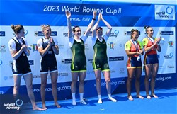 Jessica Morrison (b), Annabelle Mcintyre (s), Women's Pair, Australia, Gold, Alison Rusher (b), Meghan Musnicki (s), United States of America, Silver, Aina Cid (b), Esther Briz Zamorano (s), Spain, Bronze, 2023 World Rowing Cup II, Varese, Italy / Detlev Seyb/MyRowingPhoto.com