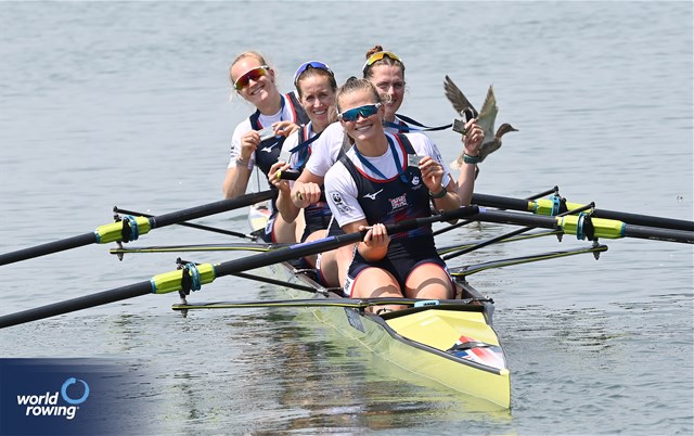 Heidi Long (b), Helen Glover, Samantha Redgrave, Rebecca Shorten (s), Women's Four, Great Britain, Silver, 2023 World Rowing Cup II, Varese, Italy / Detlev Seyb/MyRowingPhoto.com
