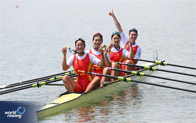 Yunxia Chen (b), Ling Zhang, Yang Lyu, Xiaotong Cui (s), Women's Quadruple Sculls, People's Republic of China, Gold, 2023 World Rowing Cup II, Varese, Italy / Detlev Seyb/MyRowingPhoto.com